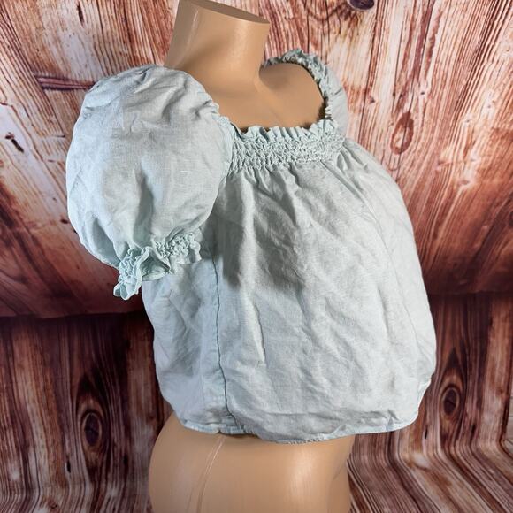 Aritzia Sunday Best Sz Small Teal Linen Blend Crop Top Shirt Elastic Puff Sleeve - Picture 2 of 9